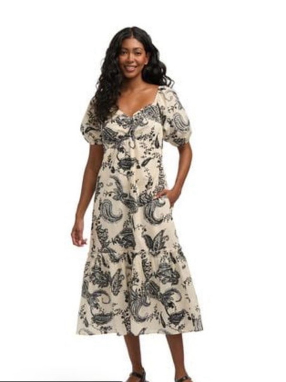 🌿Mexx 100% Cotton Voile Paisley Midi Dress - Black & Cream Puff Sleeve